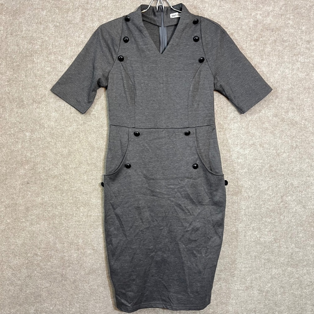 Grace Karin Dress Womens Medium Retro Short Sleeve Double Breasted Sheath Office